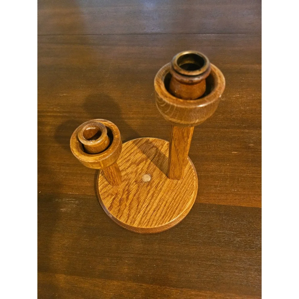 Oak Wood Double Candle Holder Brown Rustic Tiered Decor